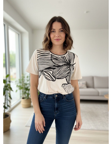 Maglia in cotone con stampa e righe,...