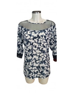 Maglia fantasia, in viscosa con collo e maniche in tulle, Alma Righi