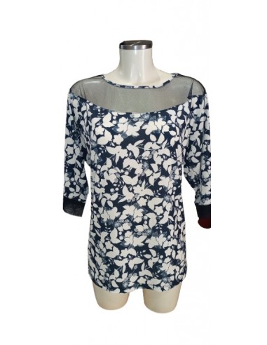 Maglia fantasia, in viscosa con collo e maniche in tulle, Alma Righi