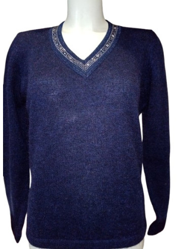 Maglia scollo a V con strass, lana mohair, Gilda Tamares