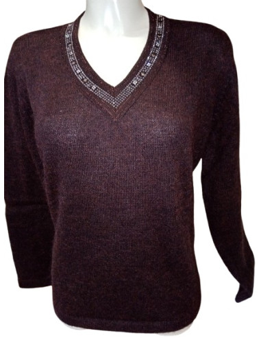 Maglia scollo a V, Collo strass, Lana...